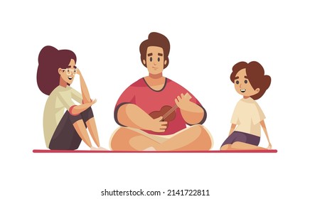 Family listening to man playing guitar at picnic or outdoor party flat vector illustration