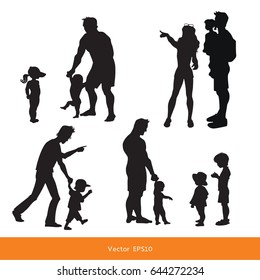 Family And Little Baby Walking. Father And Child. Man And Woman Pointing With Finger Direction For Motion. Vector Illustrations, Black And White Isolated Silhouettes.