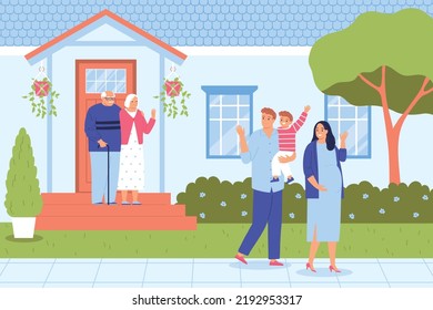 Family with little boy leaving home and waving to senior parents standing on porch flat vector illustration