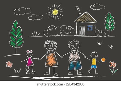 Family    little girl   boy holding hands and mother   father  House  sun  clouds  flowers  summer day  doodles are drawn by child's hand and chalk asphalt school board 
