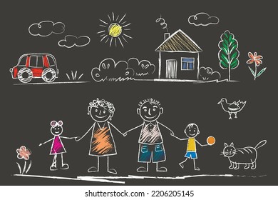 Family    little girl   boy holding hands and mother   father  cat  car  bird  House  sun  clouds  flowers  summer day  doodles  child's hand and chalk asphalt school board 
