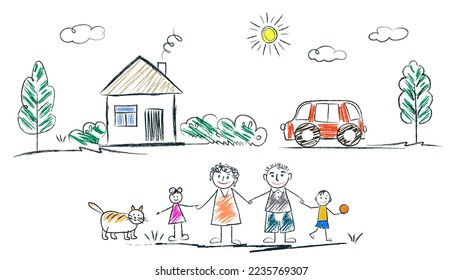 Family    little girl   boy holding hands and mother   father  house  sun  clouds  summer day  doodles are drawn by child's hand and colored pencils white background 