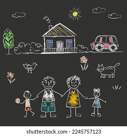 Family    little girl   boy holding hands and mother   father  cat  car  bird  House  sun  clouds  flowers  summer day  doodles are drawn by child's hand and chalk  school board 
