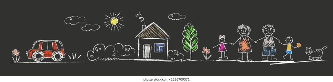 Family - little girl and boy holding hands with mother and father, cat, car, bird, House, sun, clouds, flowers, summer day. doodles are drawn by a child's hand with chalk on asphalt, school board.
