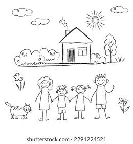 Family - little girl and boy holding hands with mother and father, cat,  House, sun, clouds, flowers, summer day. doodles are drawn by a child's hand with chalk on asphalt or on a school board.
