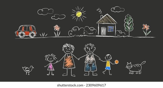 Familie - kleine Mädchen und Junge, die Händchen mit Mutter und Vater, Katze, Auto, Vogel, Haus, Sonne, Wolken, Blumen, Sommertag. Doodles werden von der Hand eines Kindes mit Kreide auf Asphalt oder Schulbrett gezeichnet
