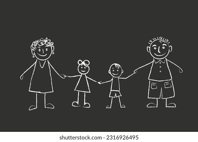 Family - little girl and boy holding hands with mother and father. doodles are drawn by a child's hand with chalk on asphalt or on a school board.