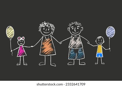 Family - little girl and boy holding hands with mother and father, air balloons. doodles are drawn by a child's hand with chalk on asphalt or on a school board.
