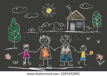 Family - little girl and boy holding hands with mother and father, House, sun, clouds, flowers, summer day. doodles are drawn by a child's hand with chalk on asphalt or on a school board.

