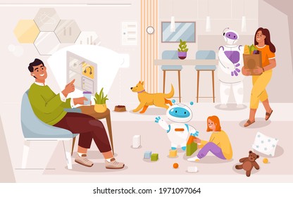Family lives in smart home with robotic assistants. Man controls system at touch panel sitting at armchair. Girl plays with cubes. Woman returns from grocery store. Vector character illustration