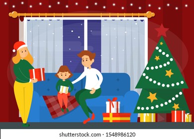 Family in the living room. Christmas decoration, tree and gifts. Mother, father and daughter on winter holiday.