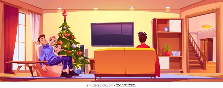 Família na sala com árvore de Natal em casa. Papai está dormindo no sofá perto da televisão. Irmão e irmã juntos comemoram Natal no apartamento. Lounge com poltrona, televisão e decoração de férias