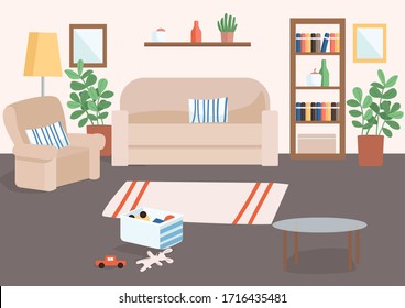 Family living room flat color vector illustration. Basket with children's toys on floor. Carpet for house decoration. Livingroom 2D cartoon interior with couch and armchair on background
