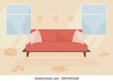 Family Living Room Flat Color Vector Illustration. Room With Couch And Messy Floor. Messy Household. Children Toys In Room. Home 2D Cartoon Interior With Children Toys On Background