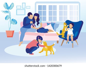 Family in Living Room at Home Cartoon. Dad and Mom Sitting on Sofa and Talking. Daughter Stroking Cat on Floor and Son Playing with Cat on Armchair. Carefree and Recreation. Vector Flat Illustration