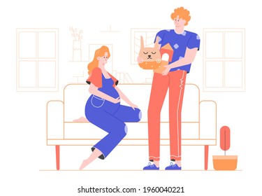 Family in the living room. Pregnant mother-to-be sitting on the couch. Husband is carrying toys for the baby. Vector flat illustration.