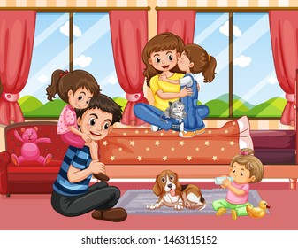 Family in living room scene illustration