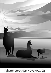 A family of llamas, alpacas on the background of a lake, mountains. Flying birds.Night landscape, nature reserve with wild animals, veterinary medicine.The concept of environmental protection, ecology