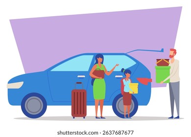 Family loading car with colorful containers and suitcase. Mother, child, and father ready for adventure, enjoying sunny day and excitement of travel