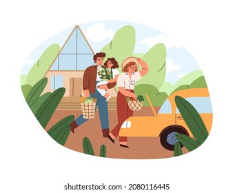 Family loading car with open trunk, preparing for travel and picnic outdoors on summer holidays. Parents and kid going to trip by auto on weekend. Flat vector illustration isolated on white background