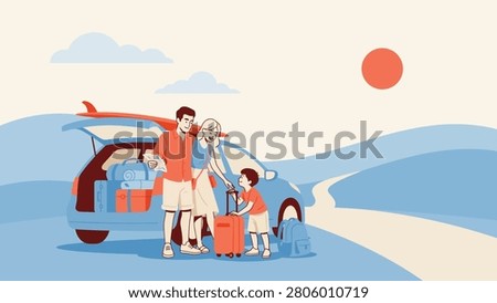 Family loading car for summer road trip vacation illustration with vacation roadtrip automobile suitcase adventure