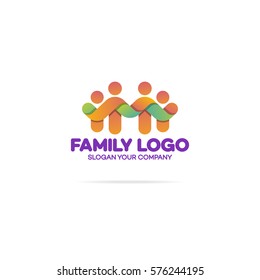 Family logo consisting of in simple figures dad, mom and two children used for family medicine practice, people logo, team, group, friendship. Vector Illustration