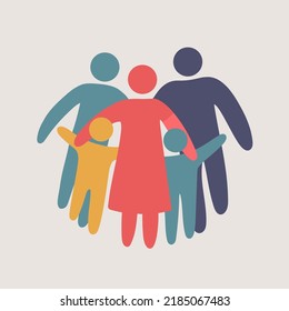 Family Logo. Happy Family Icon Multicolored In Simple Figures. Three Children, Dad And Mom Stand Together. Vector Can Be Used As Logotype.