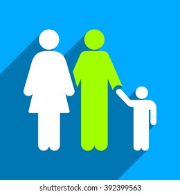 Family long shadow vector icon. Style is a flat family iconic symbol on a blue square background.