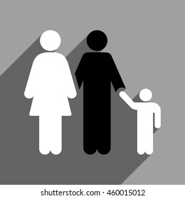 Family long shadow vector icon. Style is a flat family black and white iconic symbol on a gray square background.
