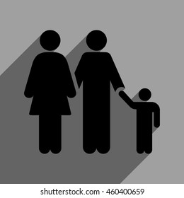 Family long shadow vector icon. Style is a flat family black iconic symbol on a gray square background with longshadow.