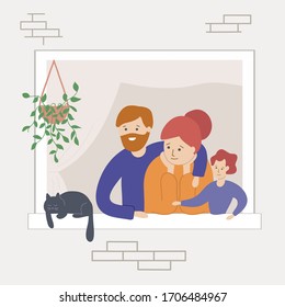 Family look out of window frame. Stay home concept. Vector illustration in flat style.
