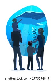 Family look at the underwater world in the oceanarium. Flat vector illustration