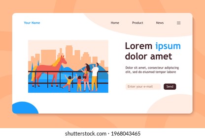 Family looking at horse in city park. Parent and kids visiting zoo or hippodrome. Flat vector illustration. Animals, family, entertainment concept for banner, website design or landing web page