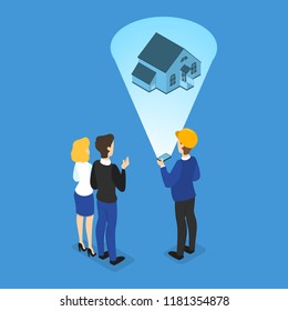 Family looking at the house project. Couple bying home and watching on the plan of the bulding. Vector isometric illustration