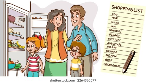 family looking at missing foods in fridge and making shopping list cartoon vector