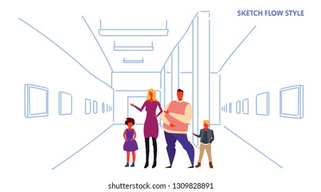 family looking modern art gallery parents and children visitors viewing exhibits contemporary paintings artworks museum hall interior sketch flow style horizontal