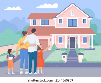 Family Looking At New Home. Couple Look Insurance Renovation House After Disaster, Front Construction New Home Sold In Loan Outside, Cartoon Characters Swanky Vector Illustration