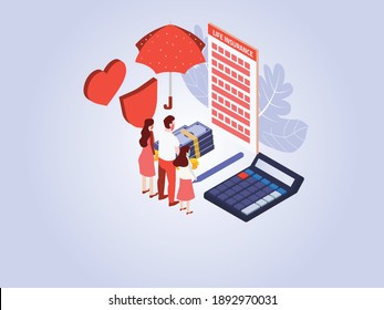 Family looking at the online life insurance form while wearing face mask. Isometric vector concept