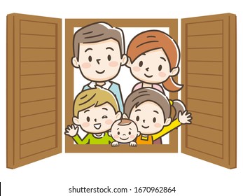 Familia mirando por la ventana 