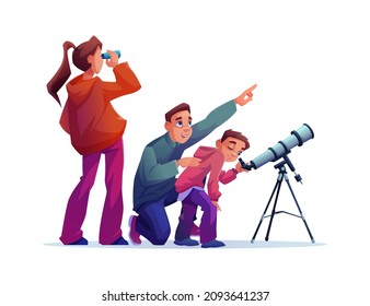 Family looking through telescope isolated flat cartoon characters. Vector astronomy education, cosmos exploration and discovery. Mother, father and son watching stars and planets together