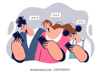 Family looks at smartphones and experiences digital addiction, waving at communication. Man with wife and daughter chatting on smartphones and exchanging news through sms messenger applications