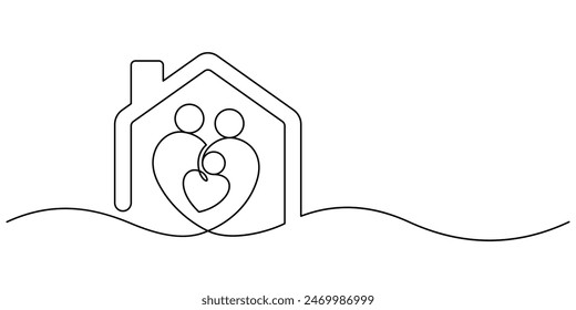 family love concept inside home icon symbol one line drawing continuous