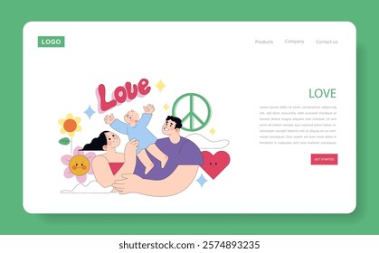 Family Love concept. Joyful parents and child celebrate love with adorable illustrations of hearts, peace symbol, and flowers. Vector illustration.