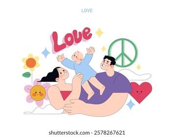 Family Love concept. Joyful parents lifting their happy child, surrounded by symbols of love and peace. Capturing tender family moments. Vector illustration.