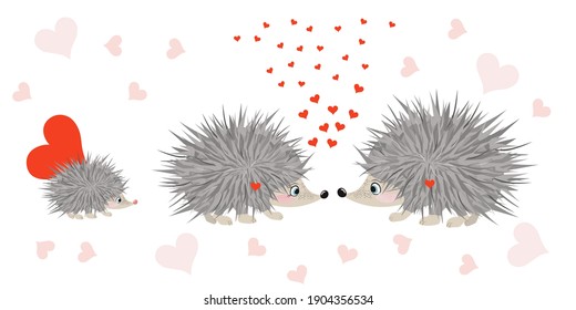 Family in love concept. Vector illustration with couple of hedgehogs, mother, father and kid hedgehog. Cute hand drawn animals and small scattered hearts. Funny cartoon design for kids, gift cards