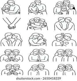 Família amor casal abraço relacionamento juntos coração pessoas afeição romance esboço ilustração sobre fundo transparente