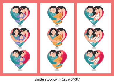 Family Love Diversity, Mom, Child, Dad, Cat, Dog. Family Hugging With Heart Shape LGBTI Parents, Gay Couple. Inclusion Happines, New Born And Puppy. Style Vector Illustration.