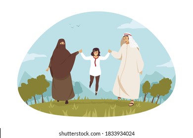 Family, love, fatherhood, motherhood, recreation. Young man muslim husband dad and arabic woman wife mom cartoon characters walking in park with child kid son together. Family recreation illustration.