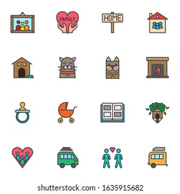 Family love filled outline icons set, line vector symbol collection, linear colorful pictogram pack. Signs logo illustration, Set includes icons as dog and cat, fireplace, home, family love, heart