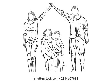 Family With Love Happy Wife and Husband With Baby and Child Line Art illustration